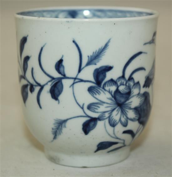 A rare Worcester Heron on a Floral Spray pattern coffee cup, c.1758, height 6.3cm